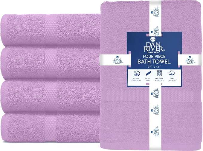 DAN RIVER Bath Towels Set of 4, 27 x 54 Inches, 100% Cotton, Larger & Lighter Weight, Quicker to Dry, Super Soft and Absorbent, Ideal Shower Towel for Daily Use, Lavender