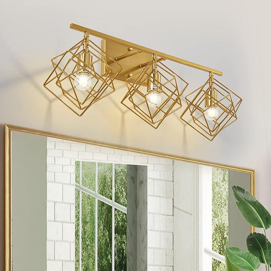 Bathroom Vanity Light with 3 Bulbs Bathroom Light Fixtures Over Mirror with 3 Rotatable Cube Shades Modern Wall Mounted Brushed Brass Gold