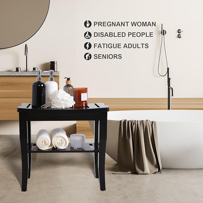 VVW 19 Inch 2-Tier Bamboo Shower Bench - Bathroom Bench Seat with Storage Shelf, Wooden Spa Seat with Non-Slip Feet Bath Stool for Adults Women Elderly, (Black)