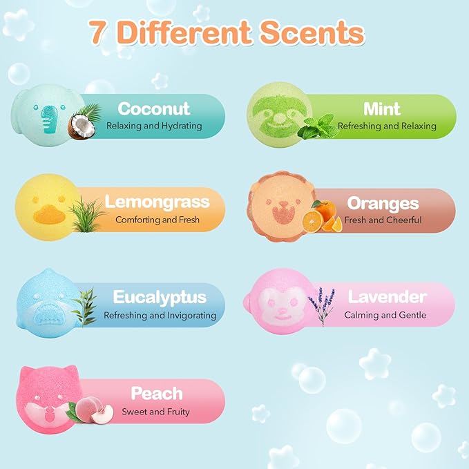 SHUCHING 14 Pcs Colorful Animal Bath Bombs for Kids, Organic Bubble Bath Fizzy Balls for Toddlers, Birthday Christmas Gifts Set for Boys Girls