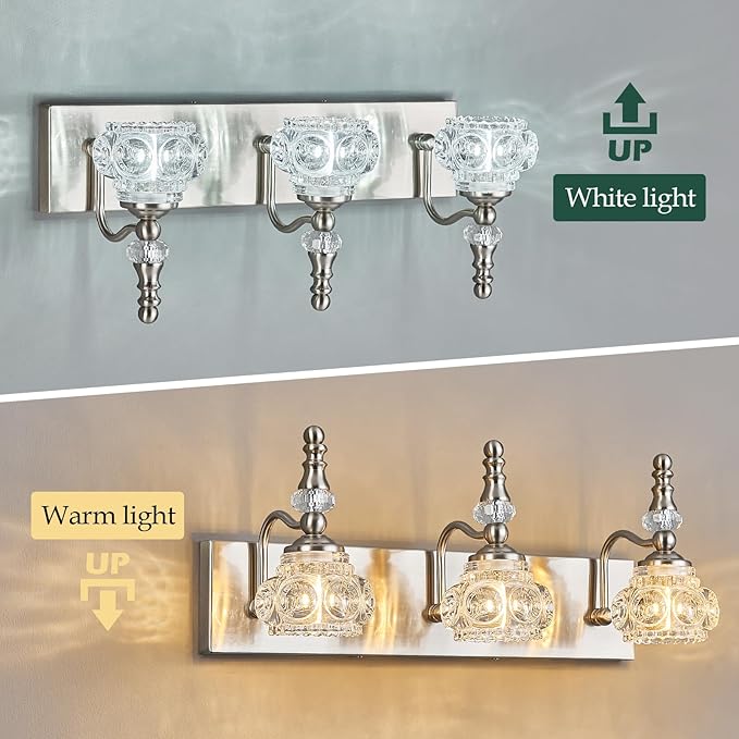 Modern Glass Crystal Vanity Light - Vintage Bathroom Lighting Fixtures Over Mirror, 3 Light Vanity Lights G9 Bulb (19.68 Inch, Nickel)
