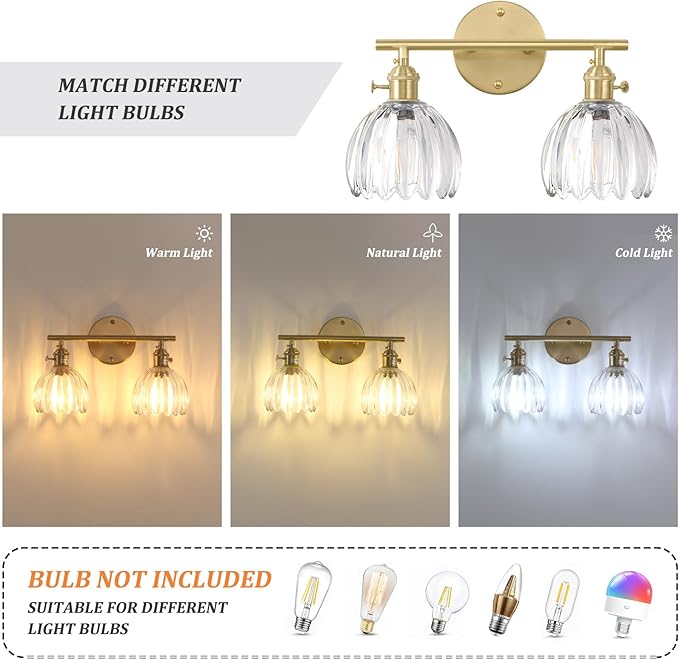 Bathroom Light Fixtures, 2-Light Brass Vanity Wall Light Over Mirror with Clear Tulip Glass Shade for Bedroom Living Room (Bulb Not Included)