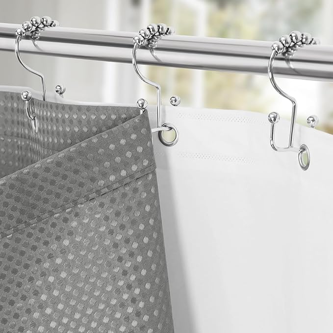 3 in 1 Stall Half Size Shower Curtain Set-36 W x 72 H, Grey Waffle Waterproof Fabric and PEVA Liner Set with Stainless Steel Hooks