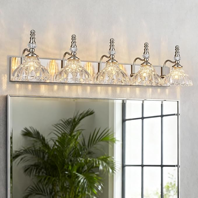 Vintage Bathroom Vanity Light, 5-Light Brushed Nickel Vanity Lighting Fixture with Flower Glass Shade, Bathroom Lighting Fixtures Over Mirror