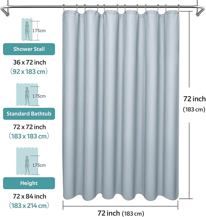 3 in 1 Shower Curtain Set, Waffle Shower Curtain and Liner Set with 12 Double Sided Shower Curtain Hooks, 258GSM Luxury Weighted Cloth Shower Curtains for Bathroom, 72 W x 72 H, Fog Blue