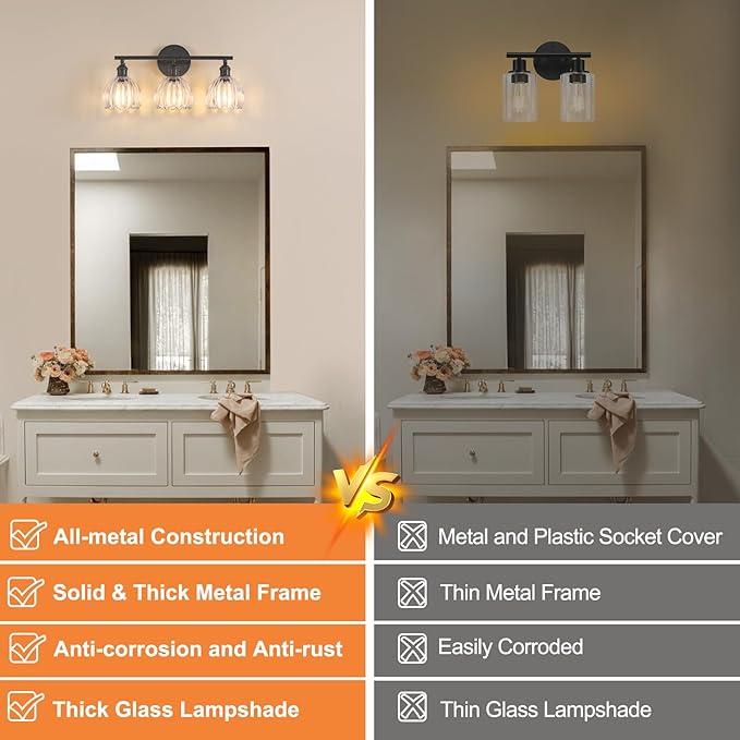 Bathroom Light Fixtures, 3-Light Black Vanity Wall Light Over Mirror with Clear Tulip Glass Shade for Bedroom Living Room (Bulb Not Included)