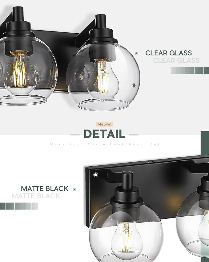Bathroom Light Fixtures, 4 Light Matte Black Vanity Light, 26 Inch Modern Wall Sconces with Globe Clear Glass Shade, Vanity Lighting Fixtures Over Mirror, VL195-MB-CL-4