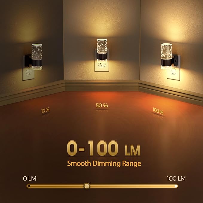 Briignite Night Light, Dimmable Night Lights Plug into Wall, LED Night Light with 0-100 LM Adjustable Brightness, 3000K Automatic Plug in Night Lights with Dusk to Dawn Sensor, for Bathroom Hallway