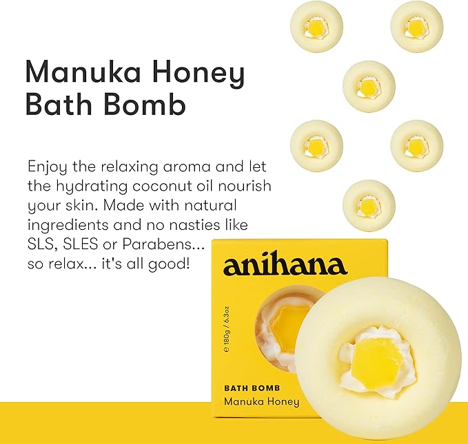 ANIHANA Bath Bomb with Coconut Oil, Paraben Free, Hand-Crafted Luxury Fizzers, Refreshing Manuka Honey Scent, 6.3 oz