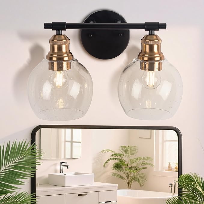 Bathroom Vanity Light Fixtures, 2-Light Bathroom Light Fixtures, Modern Bathroom Vanity Light Over Mirror with Seeded Glass Shade, Farmhouse Wall Sconces Lighting for Bedroom Hallway