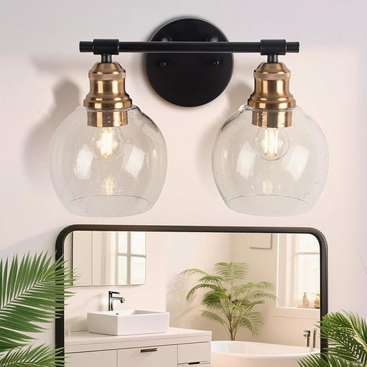 Bathroom Vanity Light Fixtures, 2-Light Bathroom Light Fixtures, Modern Bathroom Vanity Light Over Mirror with Seeded Glass Shade, Farmhouse Wall Sconces Lighting for Bedroom Hallway