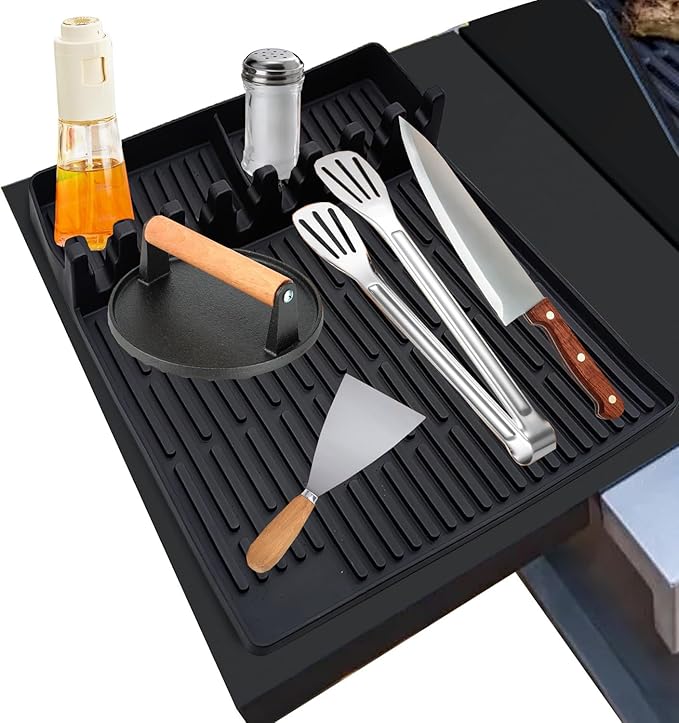 3 in 1 Silicone Griddle Tools Mat for Blackstone, Large Grill Side Shelf Mat, Heat Resistant Silicone Spatula Mat with Drip Pad, Utensil Rest with Drip Pad for Kitchen, Stovetop, Countertop- Black