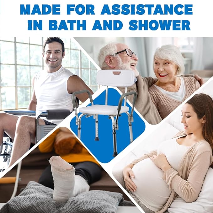 Shower Chair with Back and Padded Arms, Adjustable Height Shower and Bath Bench, Heavy Duty Bath Stool with Nonslip Feet, Tub Chair for Elderly with 350 lb Capacity