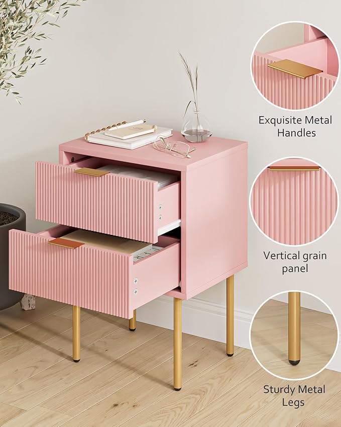 Masupu Night Stand,Mid-Century Modern Bedside Table with 2 Storage Drawer,Small Gold Frame Side End Table for Bedroom,Living Room, Pink