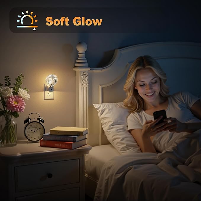 JandCase Night Light, Night Lights Plug into Wall, Dusk to Dawn Sensor Seashell Nightlights, 3000K Soft White Brightness Adjustable Nightlight for Kids Bedroom Hallway Kitchen