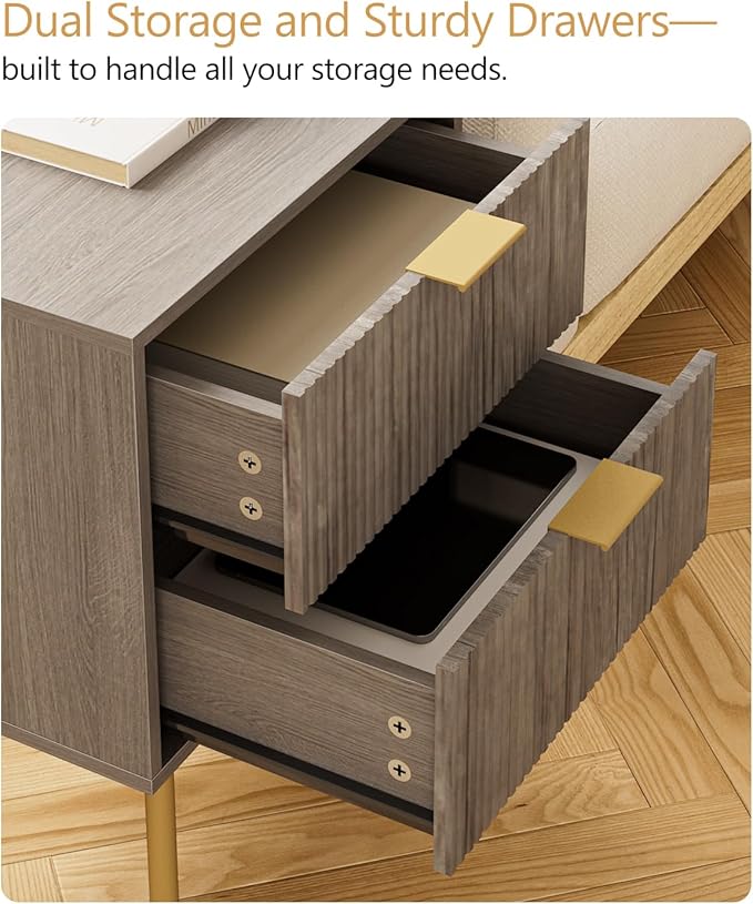 Masupu Night Stand,Mid-Century Modern Bedside Table with 2 Storage Drawer,Small Gold Frame Side End Table for Bedroom,Living Room, Grey