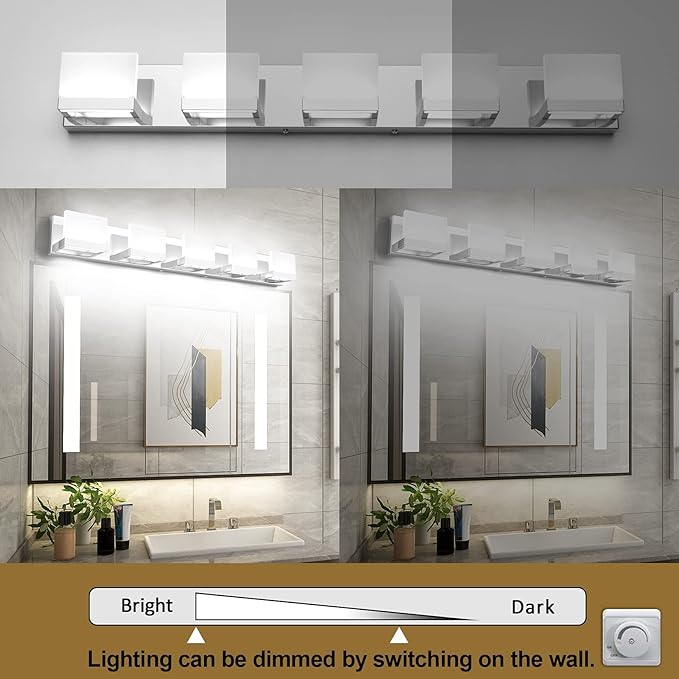 Tipace Dimmable Modern 5 Lights LED Vanity Light for Bathroom Up and Down Chrome Bathroom Wall Light Fixtures Over Mirror(White Light 6000K)