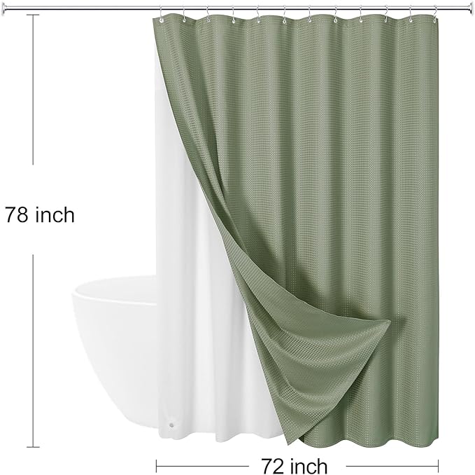 3 in 1 Long Shower Curtain Set-72 W x 78 H, Sage Green Waffle and PEVA Liner Set with 12 Stainless Steel Hooks, Waterproof Fabric for Bathroom