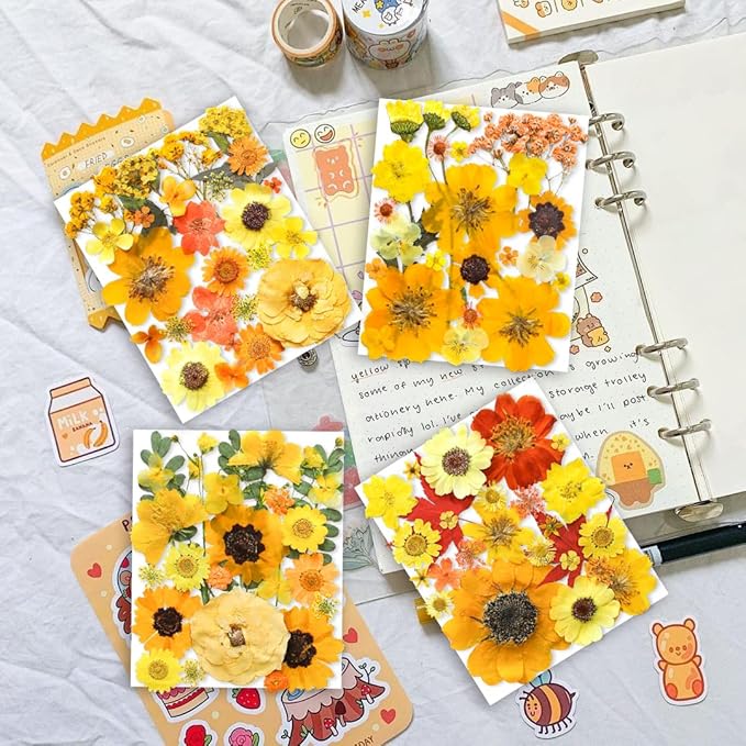 150PCS Yellow Dried Pressed Flowers for Resin - YouthBro Real Nature Flowers Herb Set for DIY Jewelry Candle Soap Vase Making Nail Card Scrapbook Art Craft Floral Decors