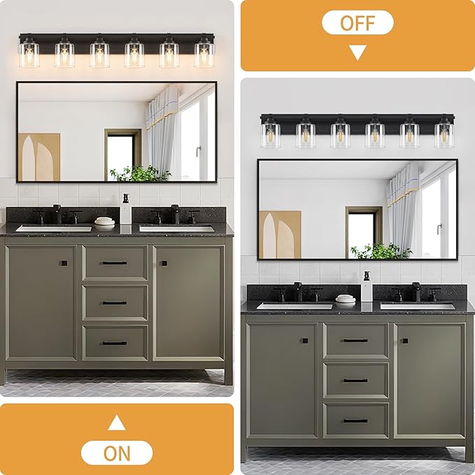 6 Light Modern Bathroom Light Fixtures Over Mirror, Black Vanity Lights for Bathroom Wall Sconces with Clear Glass Shades, E26 Socket (Bulbs Not Included)