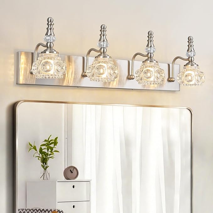 Modern Glass Crystal Vanity Light - Vintage Bathroom Lighting Fixtures Over Mirror, 4 Light Vanity Lights G9 Bulb (27.55 Inch, Nickel)