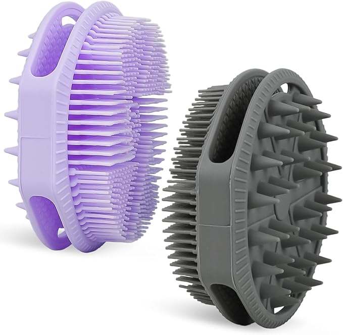 2-Pack Soft Silicone Dual-Sided Body Scrubber & Loofah | Gentle Exfoliating Shower Brush for Men & Women | Creates Rich Lather, Easy to Clean (Gray & Purple)