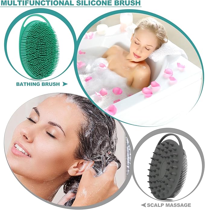 2 Pack Silicone Body Scrubber, Loofah Double-Sided Body Brush,Shower Scrubber and Scalp Massager Shampoo Brush for Sensitive Kids Women Men All Kinds of Skin (Green & Gray)