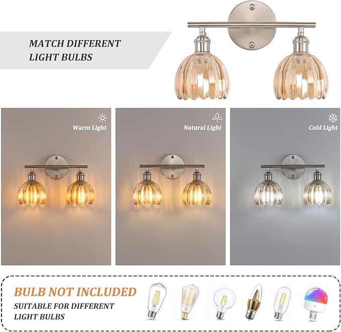 Bathroom Light Fixtures, 2-Light Vanity Wall Light Over Mirror with Amber Tulip Glass Shade for Bedroom Living Room (Bulb Not Included), Satin Nickel