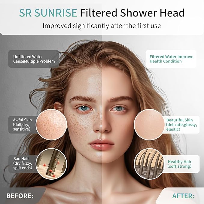 SR SUN RISE Filtered Shower Head with Filters- High Pressure Rain Shower Head,with 20-Stage shower Filter,6 Spray Modes for Hard Water Softener, Remove Chlorine & Heavy Metals (Chrome,5.5 Inch Round)
