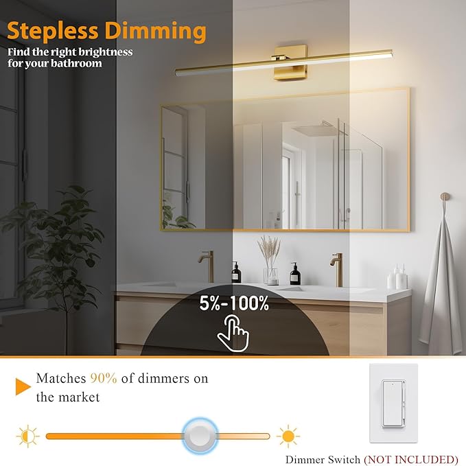 32 Inch LED Bathroom Vanity Light (3000K/4000K/6000K, Dimmable), Brass Modern Bathroom Light Fixture Over Mirror, Vanity Light Bar with Angle Adjustable