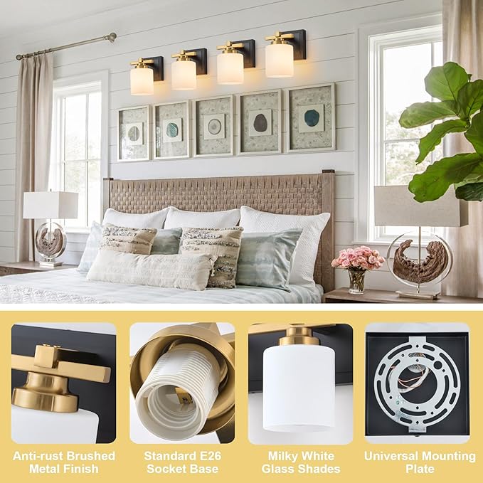 1 Light Modern Bathroom Light Fixtures Over Mirror, Black Gold Vanity Lights for Bathroom Wall Sconces with Milky White Glass Shades, E26 Socket (Bulbs Not Included)