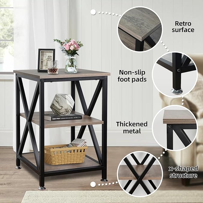 TooCust End Tables Living Room, 16" D x 16" W x 24" H, Indoor SideTables Living Room with Storage Shelf, Square End Table, X-Shaped Night Stands for Bedroom, Farmhouse Wood End Tables, Grey
