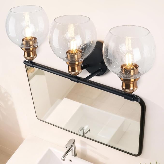 3 Light Bathroom Vanity Light, Black and Gold Bathroom Light Fixtures, Sconces Wall Lighting with Seeded Glass Shade, Modern Brushed Gold Vanity Lights for Bathroom, Bedroom, Hallway