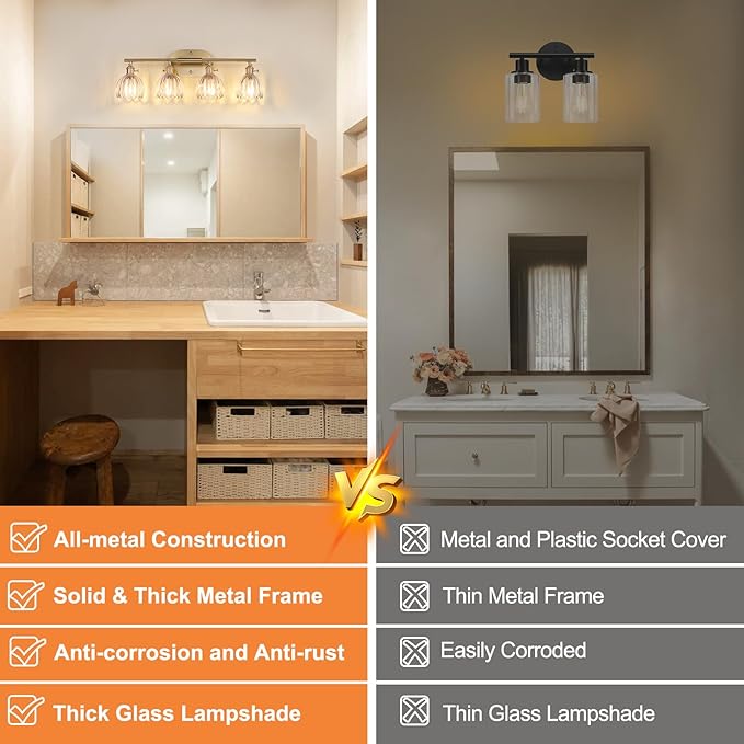 Bathroom Light Fixtures, 4-Light Brass Vanity Wall Light Over Mirror with Clear Tulip Glass Shade for Bedroom Living Room (Bulb Not Included)