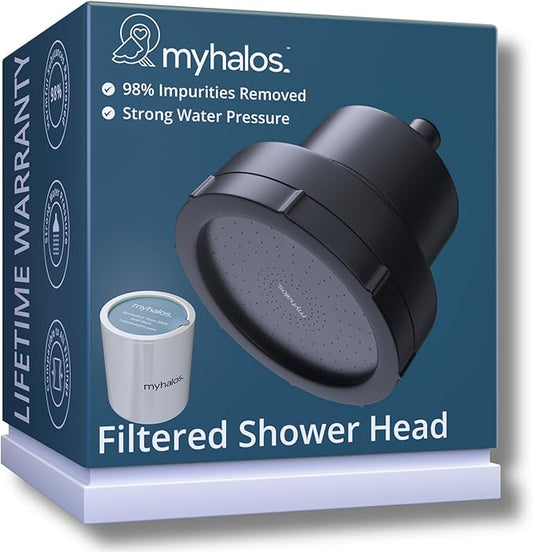 MyHalos® Filtered Shower Head for Hard Water Filter - High Pressure, Removes Chlorine - Shower Head Filter for Hard Water Softener Showerhead, Easy Install, For Hair & Skin, Filtering (Black)