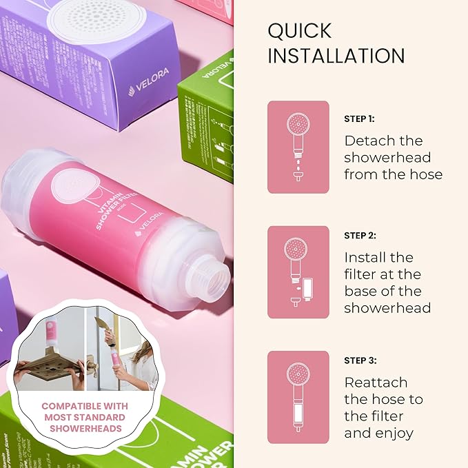 VELORA Vitamin C Shower Filter - Rose-Scented Aromatherapy Shower Water Filter and Softener - Universal Showerhead Bathroom Attachment - Replenish Dry Skin, Soften and Nourish Hair