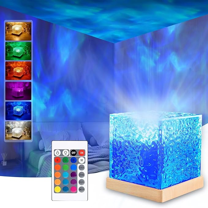 Ocean Wave Projector Light,Northern Lights Aurora Projector Light,16 Colors Gradual Rotating Flame Water Lamp，Cube Night Light with Remote Control for Living Room Bedroom, Decor Hotel, etc