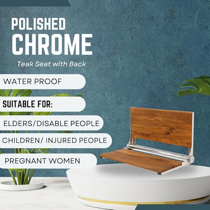 Teak Shower Seat - Contour Wood / Folding Wall Mount Bench for Inside Shower / ADA Safety Assist / 304 Stainless Steel / Polished Chrome / 18" x 16"