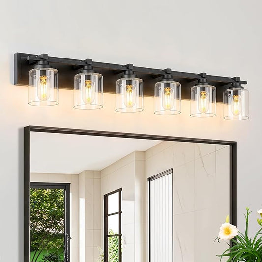 6 Light Modern Bathroom Light Fixtures Over Mirror, Black Vanity Lights for Bathroom Wall Sconces with Clear Glass Shades, E26 Socket (Bulbs Not Included)