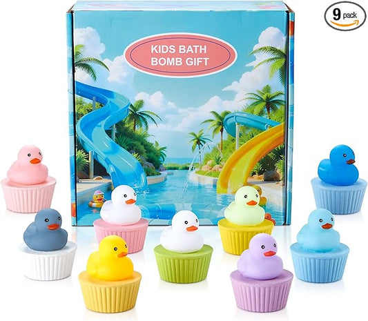 JET LAG 9PCS Cute Duck Bath Bombs for Kids, Handmade Fizzies Bathbombs for Women, Natural & Kids Friendly - Cupcake Gift Set for Birthday Christmas Easter Valentine's Day
