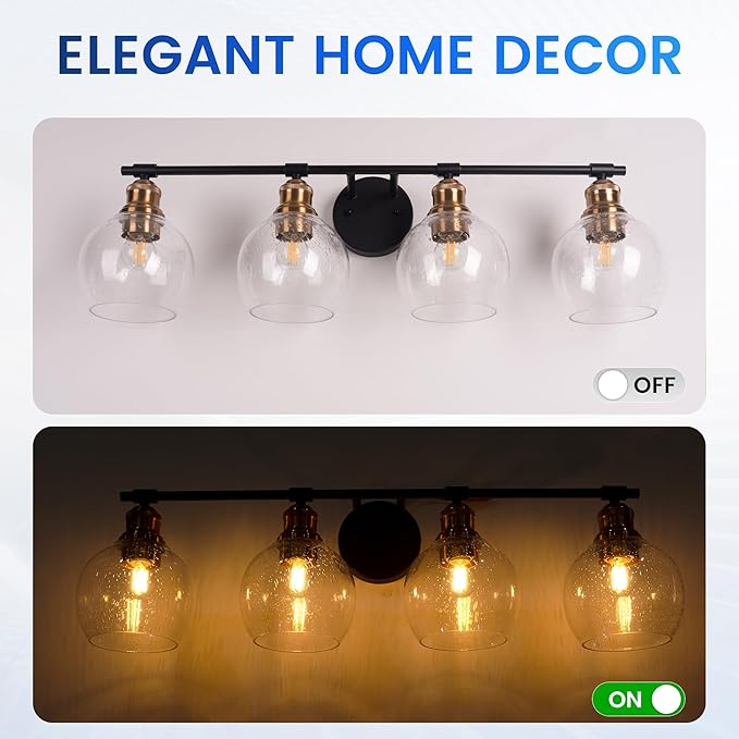 Modern Wall Light Fixtures, 4-Lights Vanity Lights, Black and Gold Bathroom Wall Sconce Over Mirror Vanity Lights with Clear Seeded Glass Lampshade for Bedroom Living Room Dressing Table