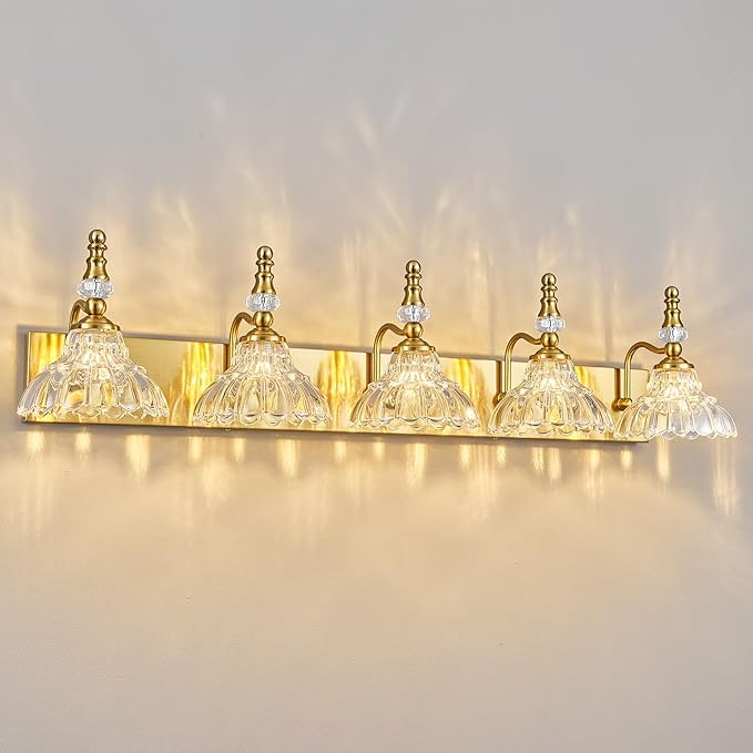Vintage Bathroom Vanity Light, 5-Light Gold Vanity Lighting Fixture with Flower Glass Shade, Bathroom Lighting Fixtures Over Mirror