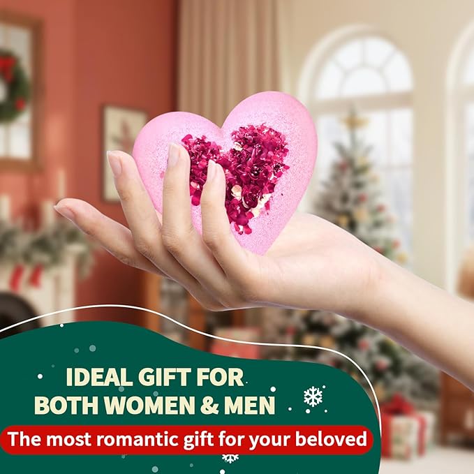 Christmas Bath Bombs Stocking Stuffers for Women Mom Her Gifts Set, Organic Heart Shaped White Elephant Gifts for Adults, Handmade Natural with Rose Essential Oil, Perfect Teen Girl Gifts for Wife