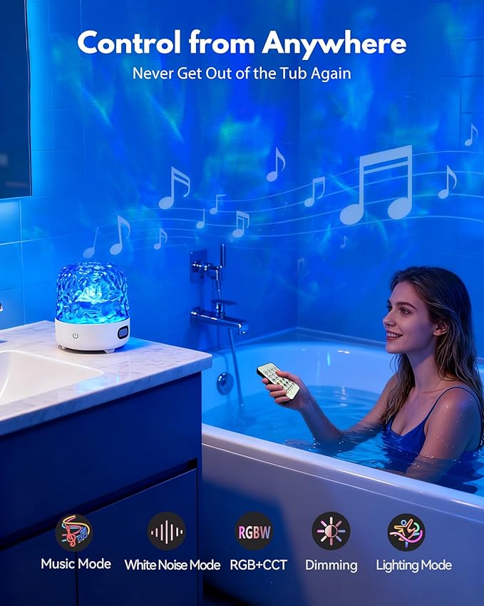 Spa-Like Shower Light with Bluetooth Speaker, Waterproof Shower Lamp with White Noise, 16 Colors Ocean Wave Projector Light with Remote & Touch Control, Lumena Lamps for Inside Shower Bathroom Bathtub