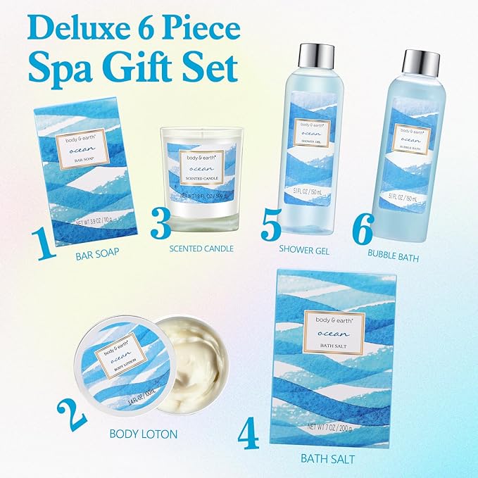 Bath and Body Gift Set for Women, Body & Earth Ocean Gift Basket, 7 Pcs Bath Sets for Women Gift with Bubble Bath, Body Lotion, Scented Candle, Spa Kit for Women, Christmas Gifts for Mom
