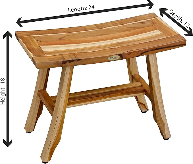 EcoDecors 24 Inch Satori Natural Teak Waterproof Teak Wood Shower Bench Stool Seat Chair for Inside Shower Provides Safety, Storage, and Organization for Bathroom Accessories