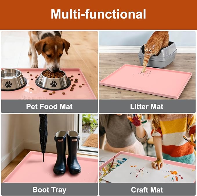 34" x 22" Heavy Duty Waterproof Silicone Mat with Raised Edge, Under Sink Mat for Kitchen & Bathroom, Kitchen Cabinet Liner, Multi-Purpose for Storage & Protection, Pink