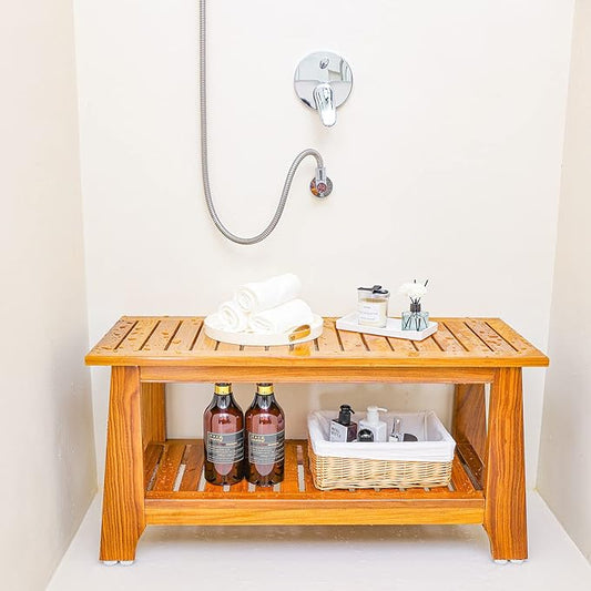 NNN 36" Commercial Teak Shower Bench - 8 Non-Slip Leveling Feet & 350 lbs Capacity | Rock-Solid Stability for Seniors & Spa Safety | Waterproof Design for Saunas/Outdoor Pools (Patented)