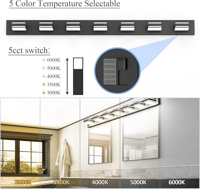 Ralbay 55inch Black Vanity Light 5 Color Temperatures (3000K-6000K) Dimmable Metal Acrylic LED Modern Matte Black Bathroom Wall Lighting for Mirror (7-Light)