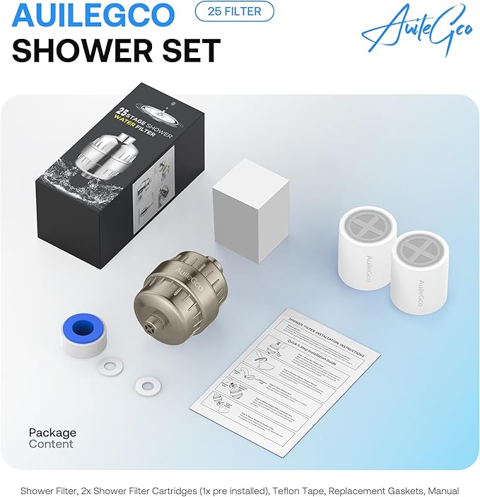25 Stage AuileGco High Output Shower Filter for Dry Hair and Skin,Equipped with a Replaceable Cartridge-Shower Head Filter for Hard Water-High Filtering Capacity for Chlorine（2 Packs）